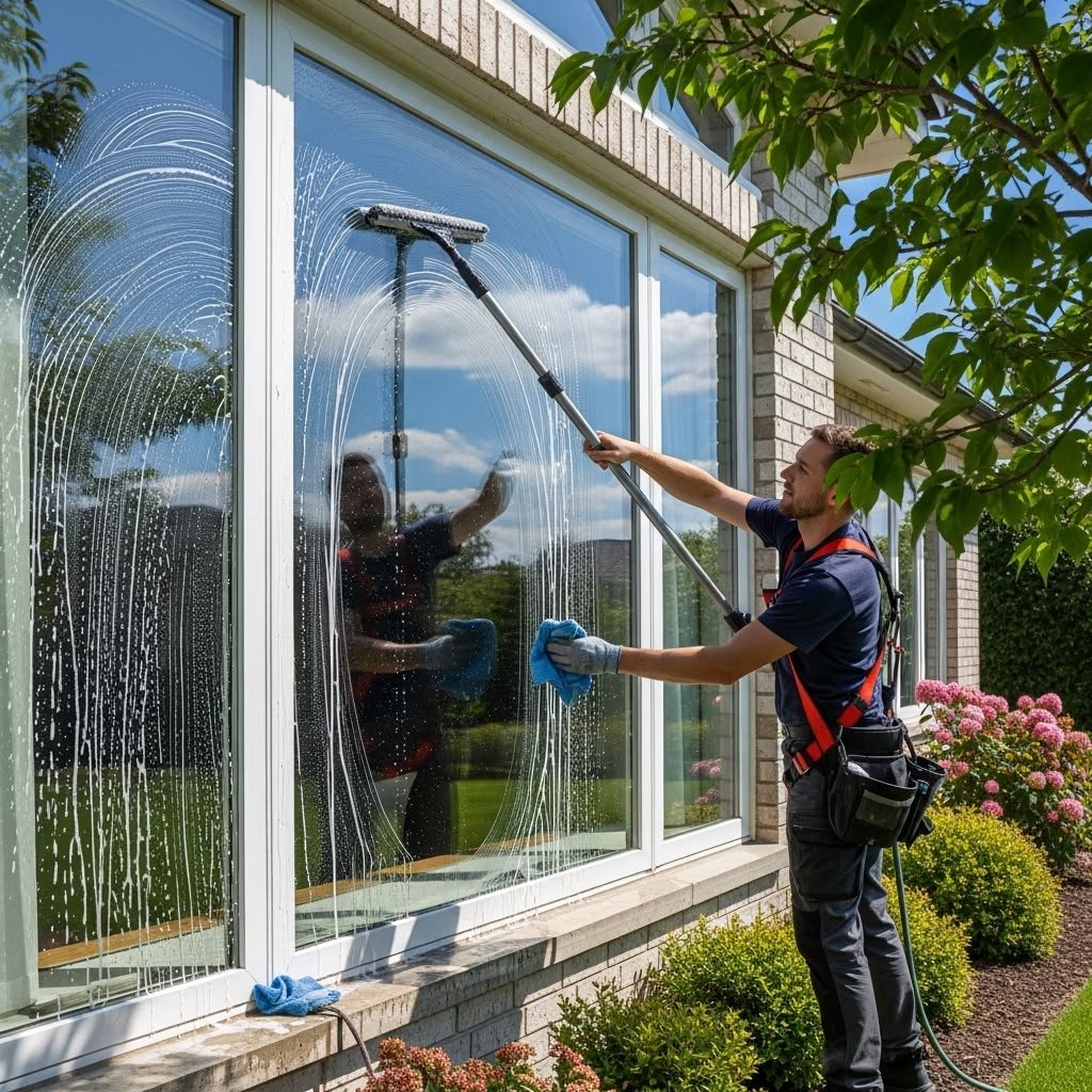 Professional window cleaning service leaving glass crystal clear