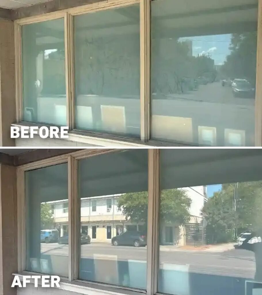 Before and after window cleaning results with spotless and sparkling windows